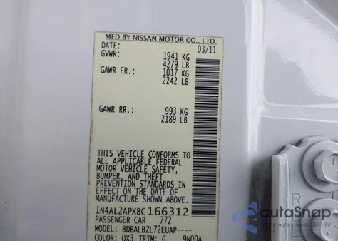 2011 Nissan Altima 2.5 S from USA, damaged, VIN 1N4AL2APXBC166312